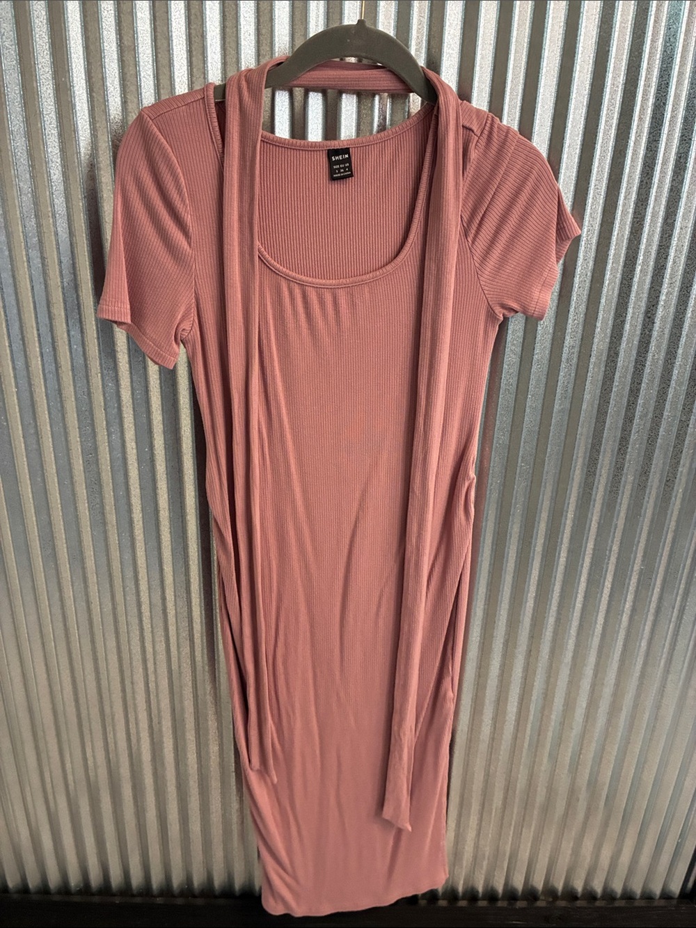 SHEIN Maternity Dusty Rose Ribbed Short Sleeve Dress with Tie Around Waist